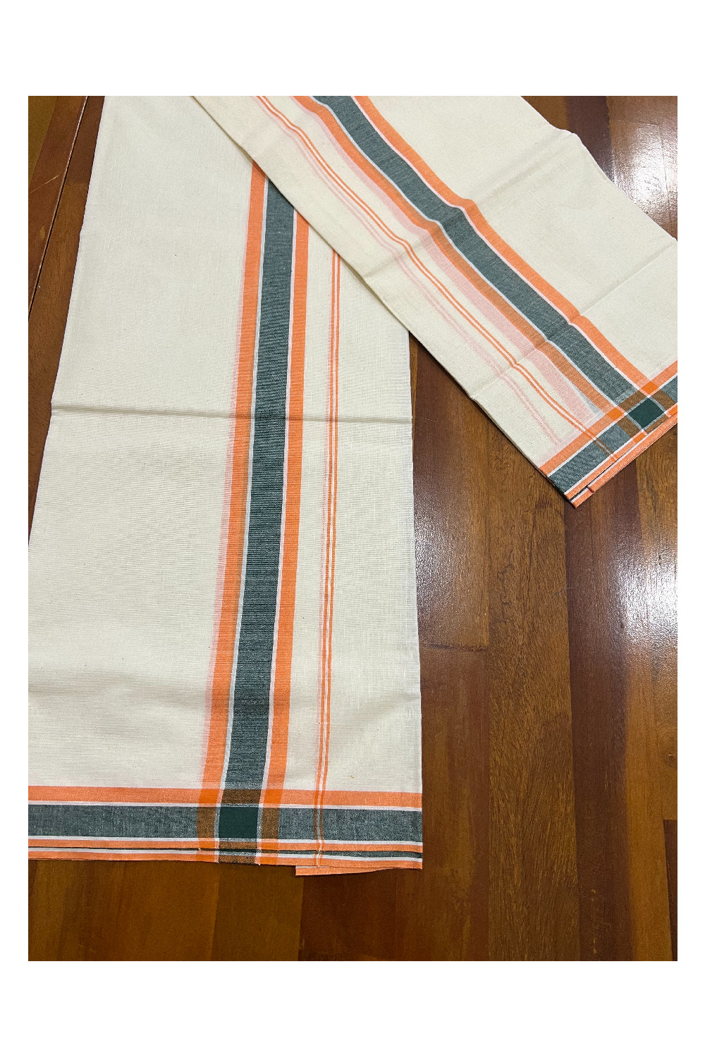 Kerala Cotton Mundum Neriyathum Single (Set Mundu) with Orange and Dark Green Mulloth Border (Extra Soft Cotton)