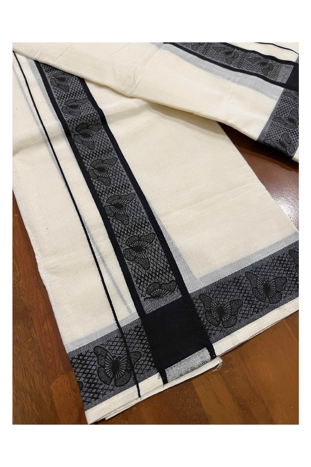 Kerala Cotton Set Mundu (Mundum Neriyathum) with Black Butterfly Block Printed Border