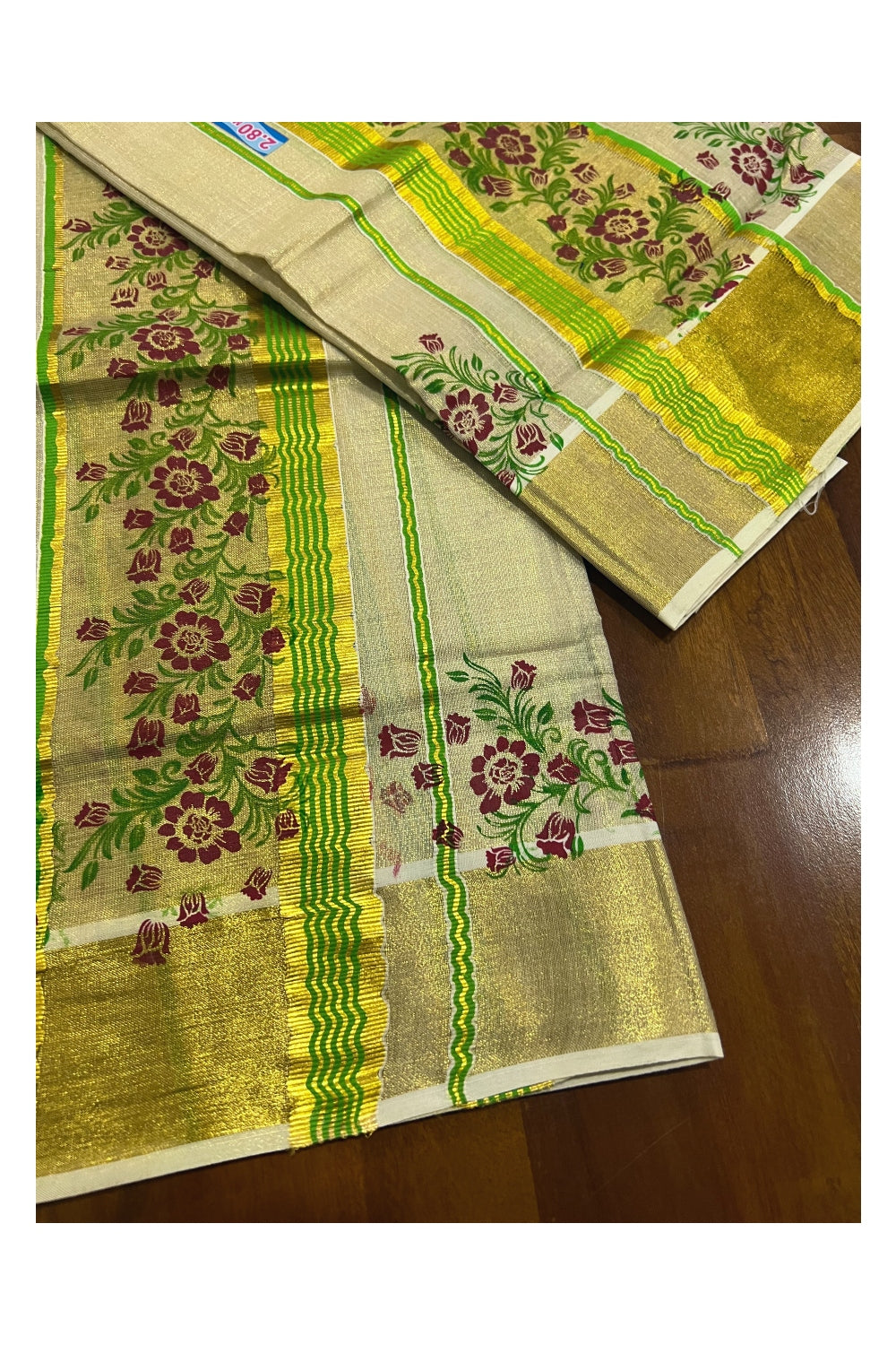 Kerala Tissue Kasavu Set Mundu (Mundum Neriyathum) with Light Green Red Floral Block Prints on Border