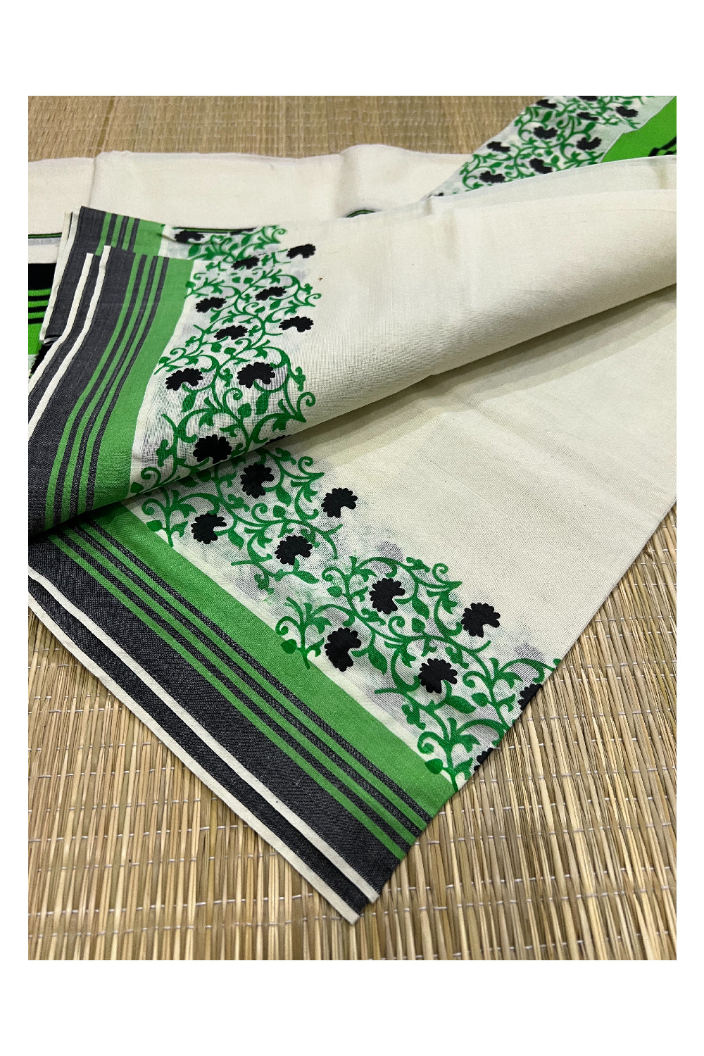 Kerala Cotton Set Mundu (Mundum Neriyathum) with Black Light Green Floral Block Prints on Border