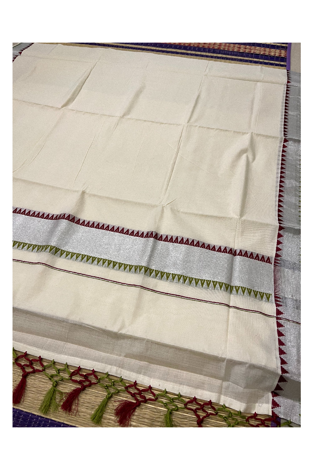 Pure Cotton Kerala Saree with Silver Kasavu and Green Maroon Woven Temple Border