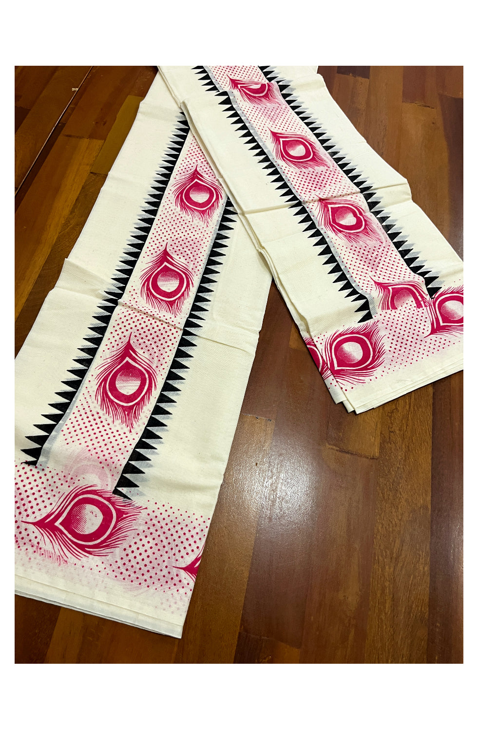 Kerala Cotton Set Mundu (Mundum Neriyathum) with Red Feather Block Prints and Black Temple Border