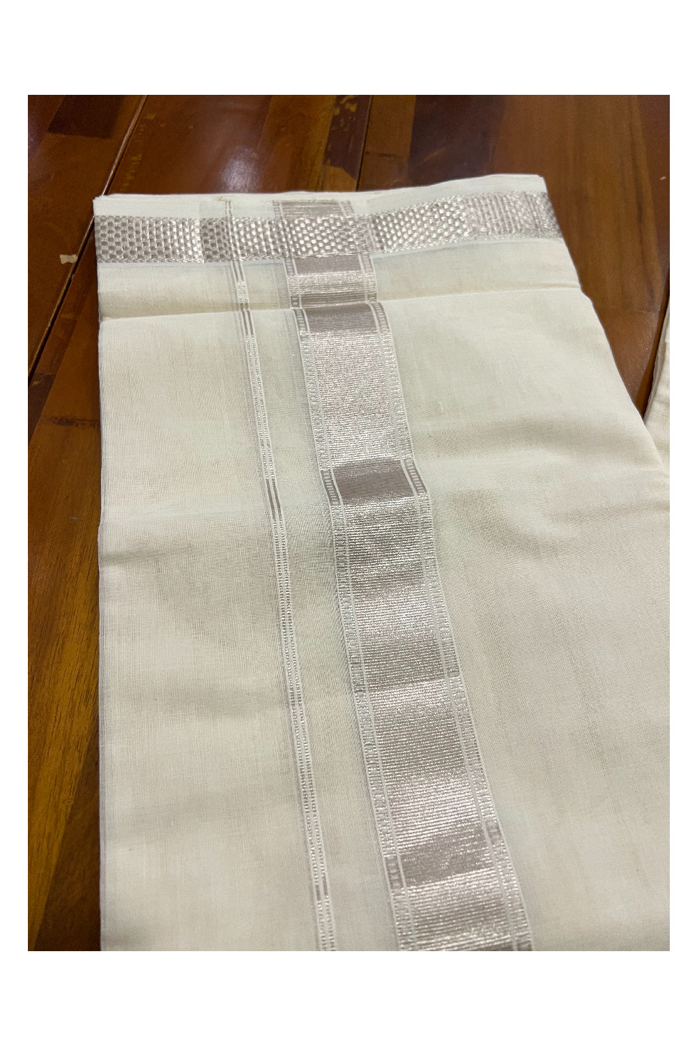 Southloom Kuthampully Handloom Pure Cotton Mundu with Silver Kasavu Designer Border (South Indian Dhoti)