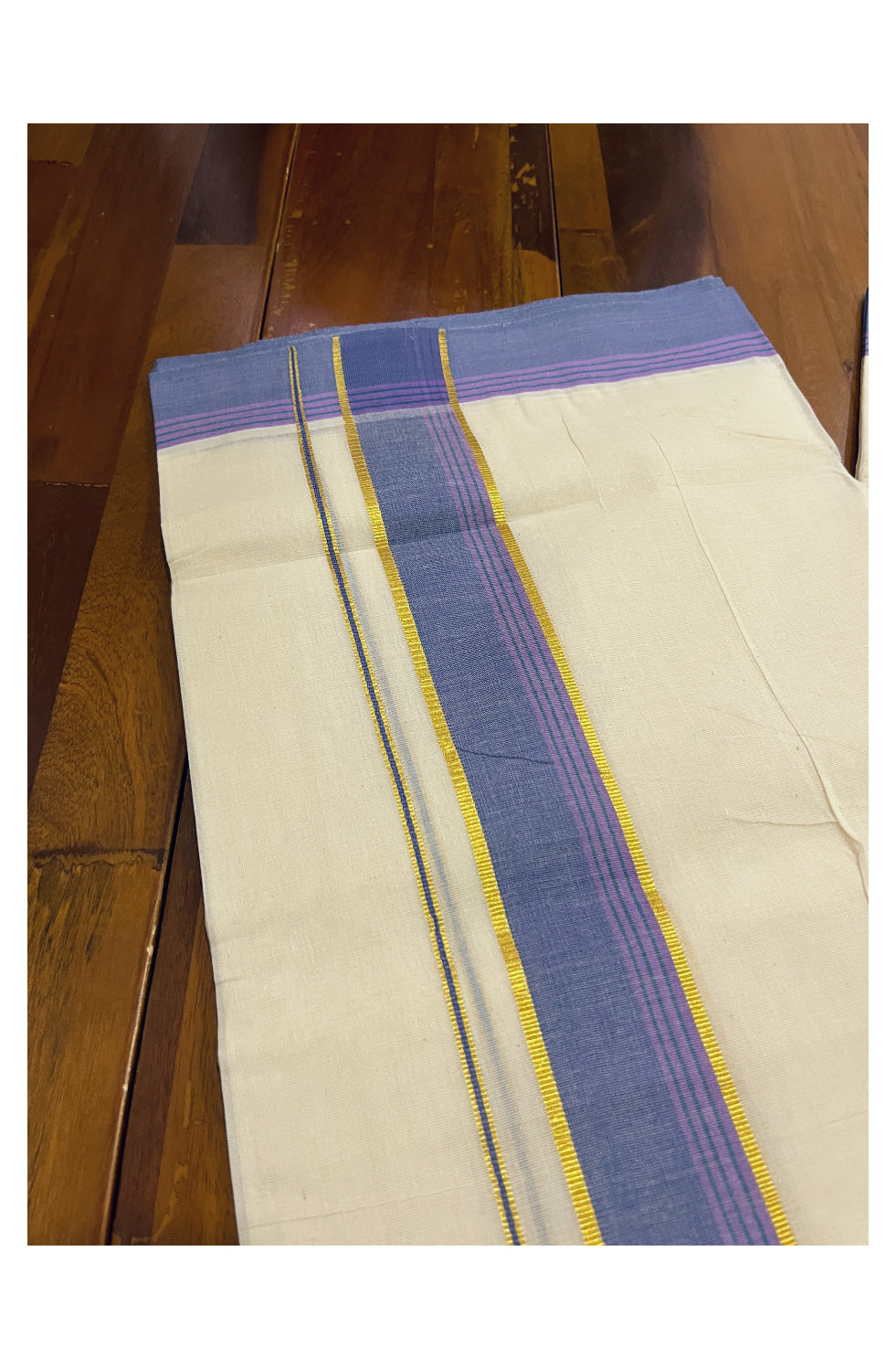 Pure Cotton Off White 100x100 Double Mundu with Silver Kasavu and Blue Violet Lines Border (South Indian Kerala Dhoti)