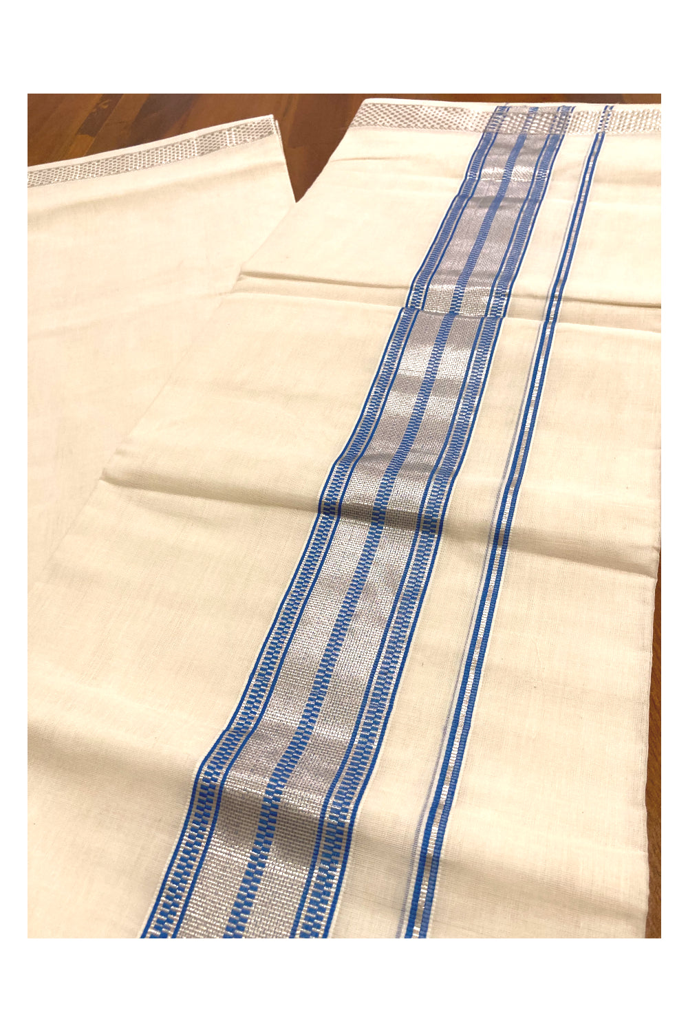 Southloom Premium Handloom Pure Cotton Mundu with Blue and Silver Kasavu Border (South Indian Dhoti)