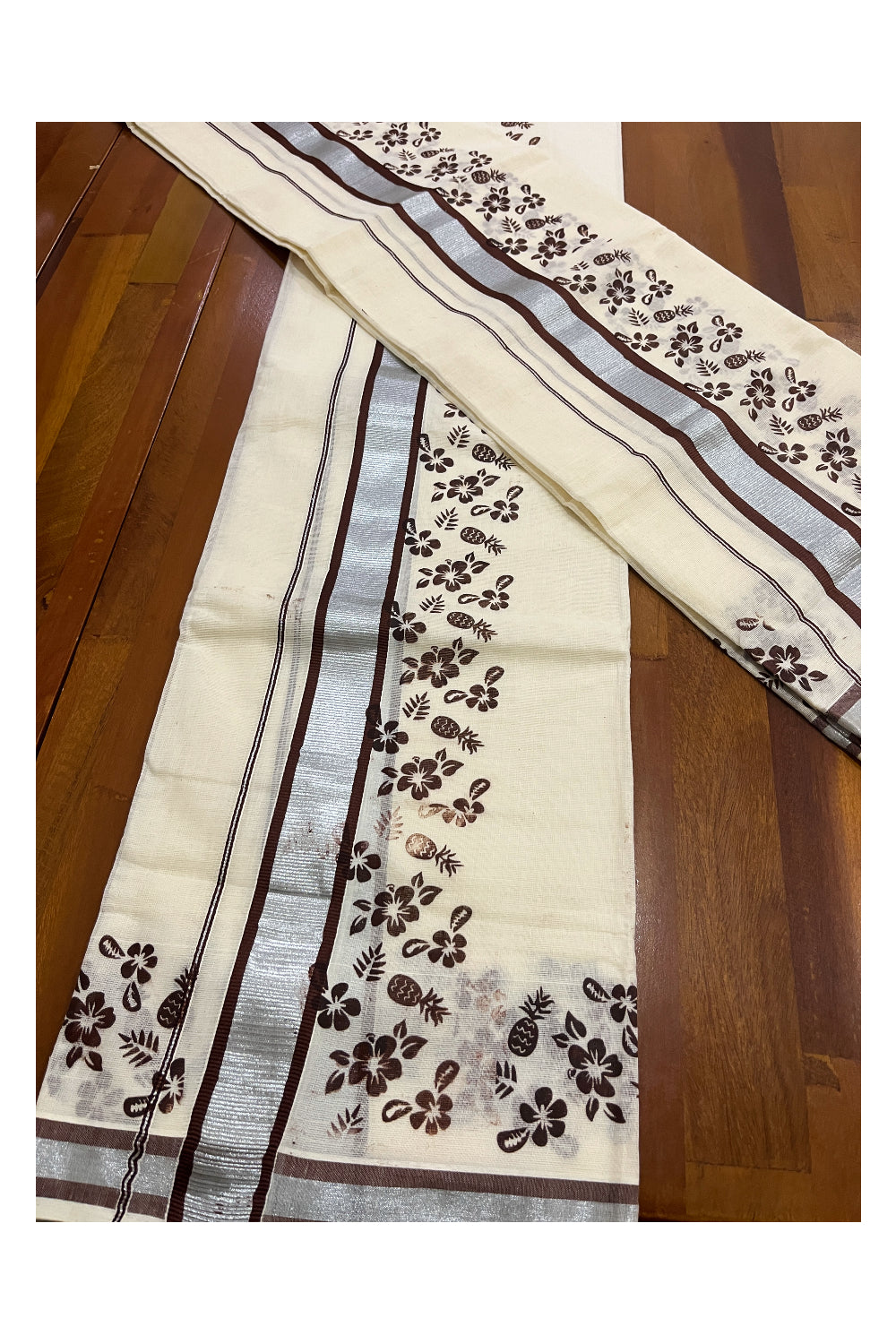 Pure Cotton Single Set Mundu (Mundum Neriyathum) with Silver Kasavu and Brown Floral Block Prints