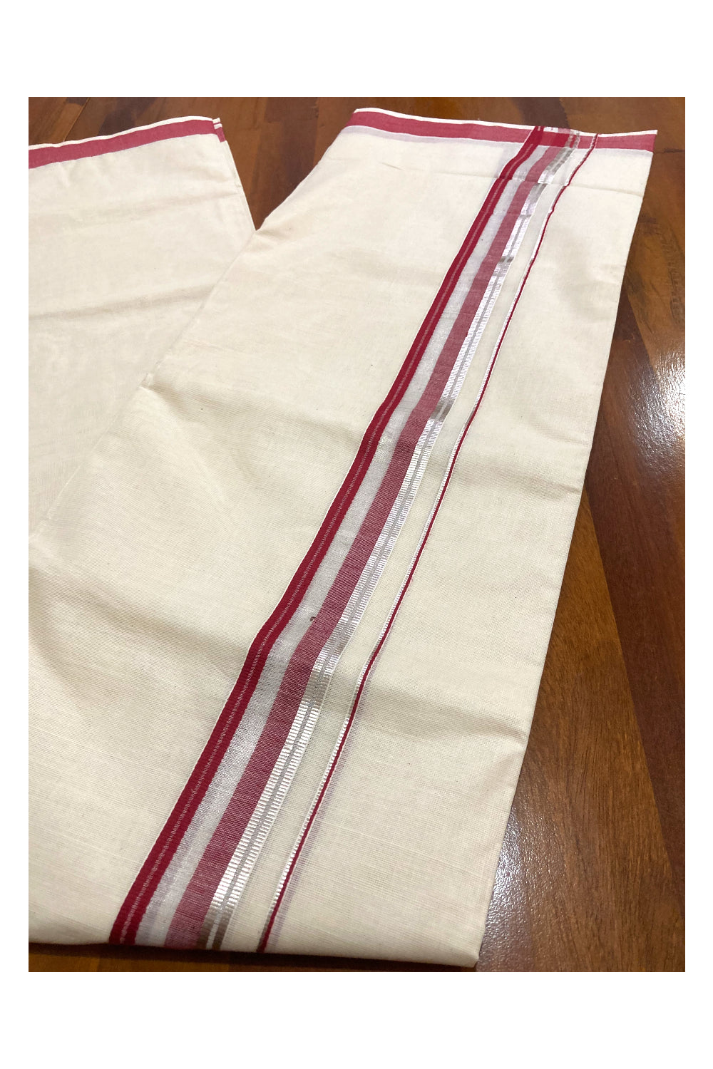 Pure Cotton Double Mundu with Maroon and Silver Kasavu Border (South Indian Dhoti)