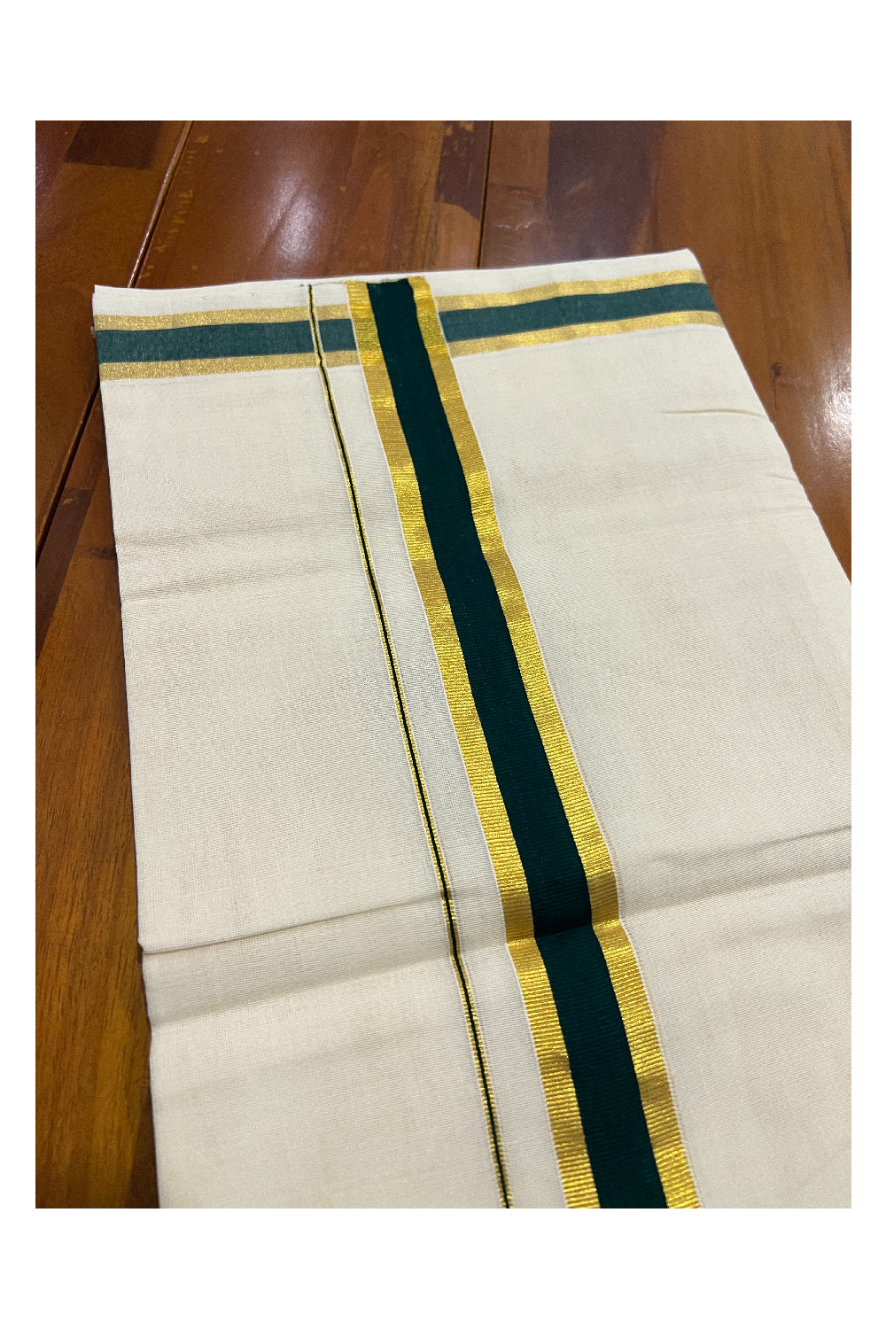 Southloom Balaramapuram Handloom Pure Cotton Mundu with Dark Green and Kasavu Border (South Indian Dhoti)