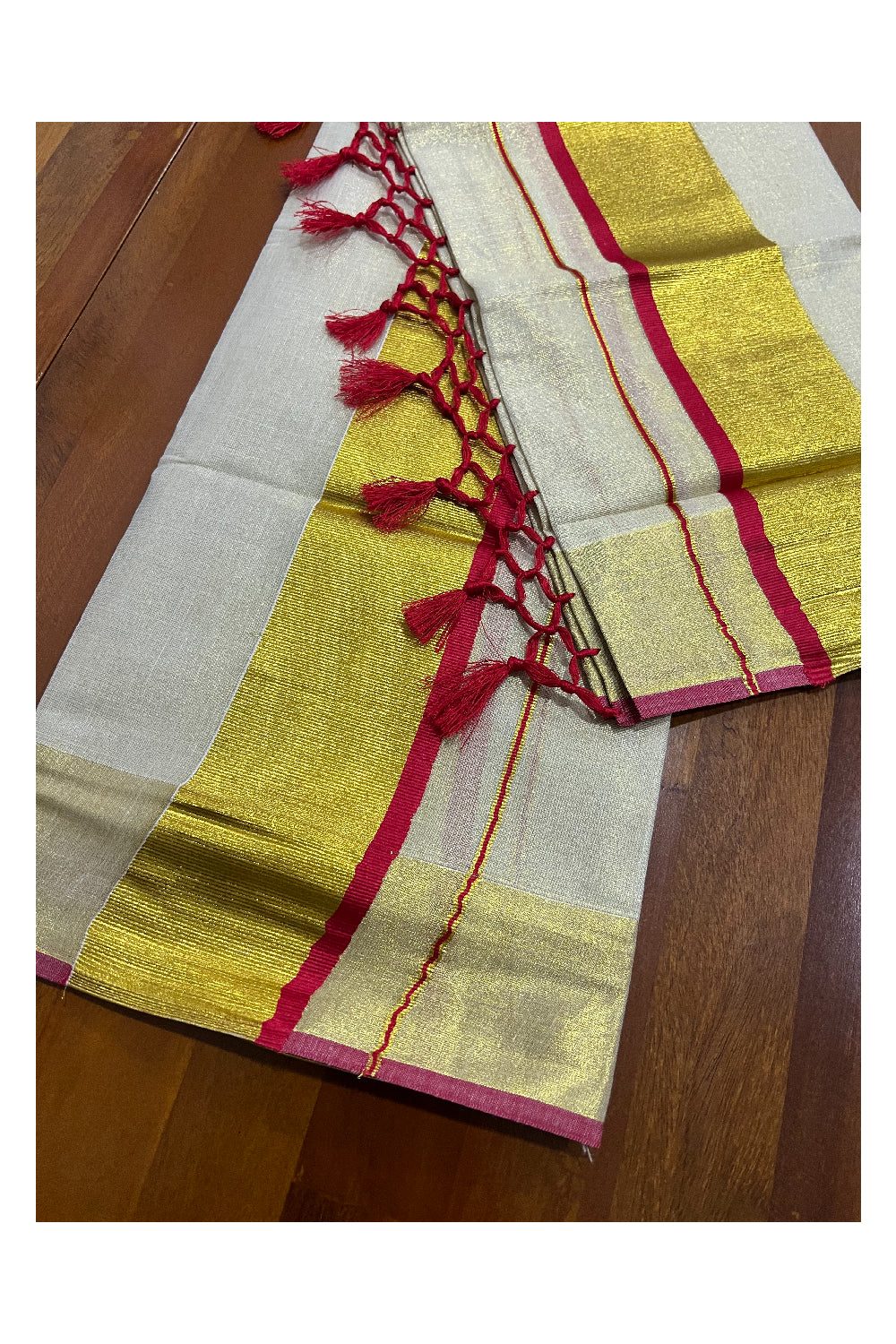 Kerala Tissue Kasavu Set Mundu (Mundum Neriyathum) with Kasavu and Red Border and Tassels Work