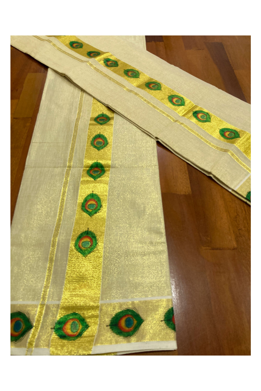 Kerala Tissue Kasavu Set Mundu (Mundum Neriyathum) with Feather Block Printed Design 2.80 Mtrs