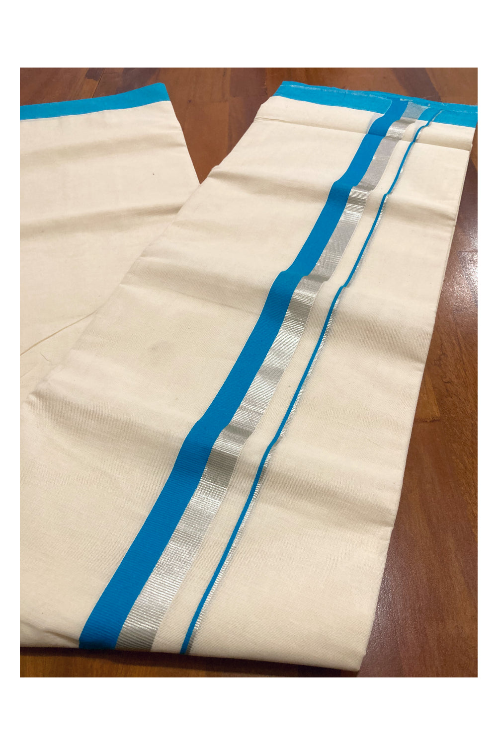 Pure Cotton Double Mundu with Blue and Silver Kasavu Border (South Indian Dhoti)