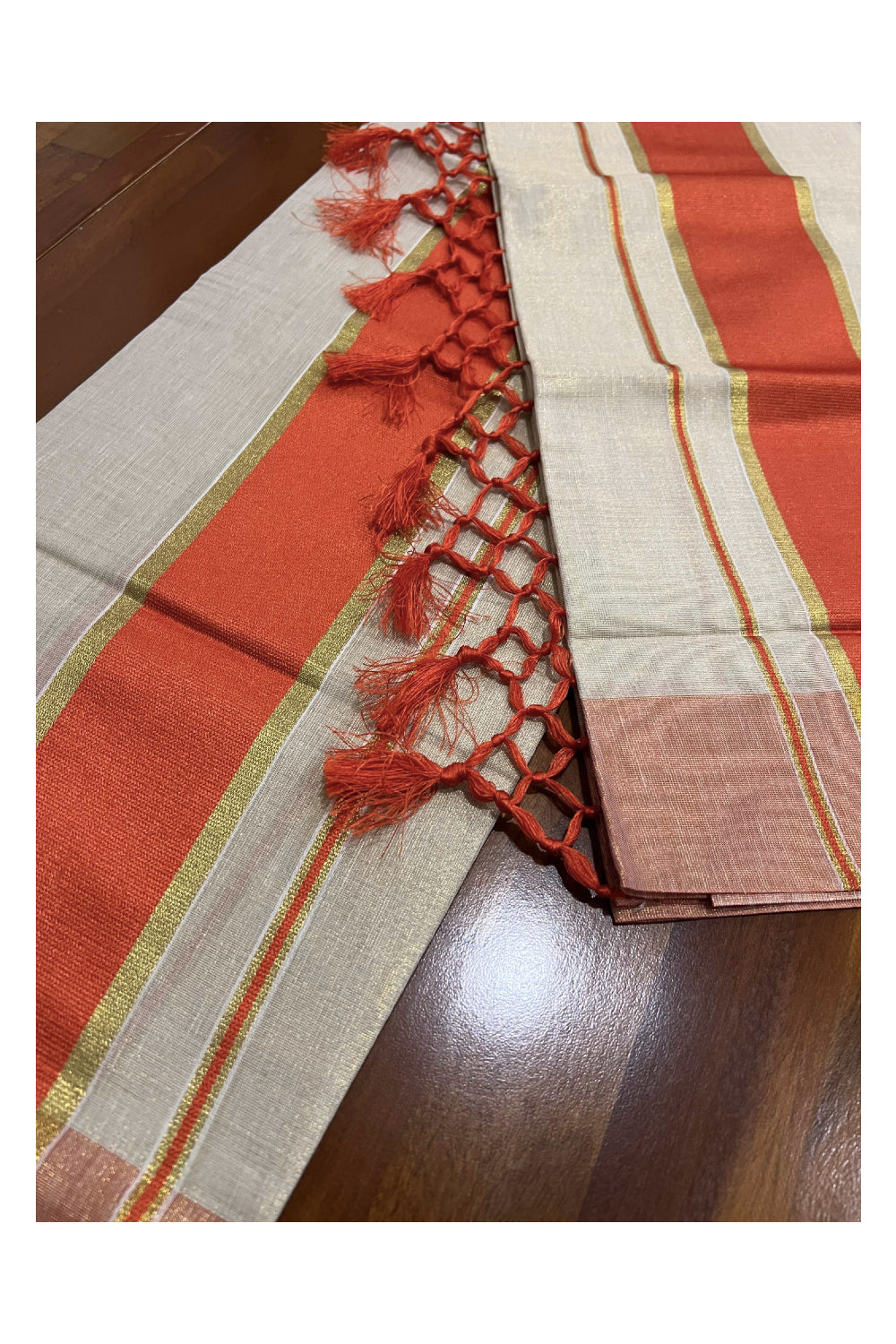 Kerala Tissue Kasavu Set Mundu (Mundum Neriyathum) with Orange Kara and Tassels on Pallu 2.80 Mtrs