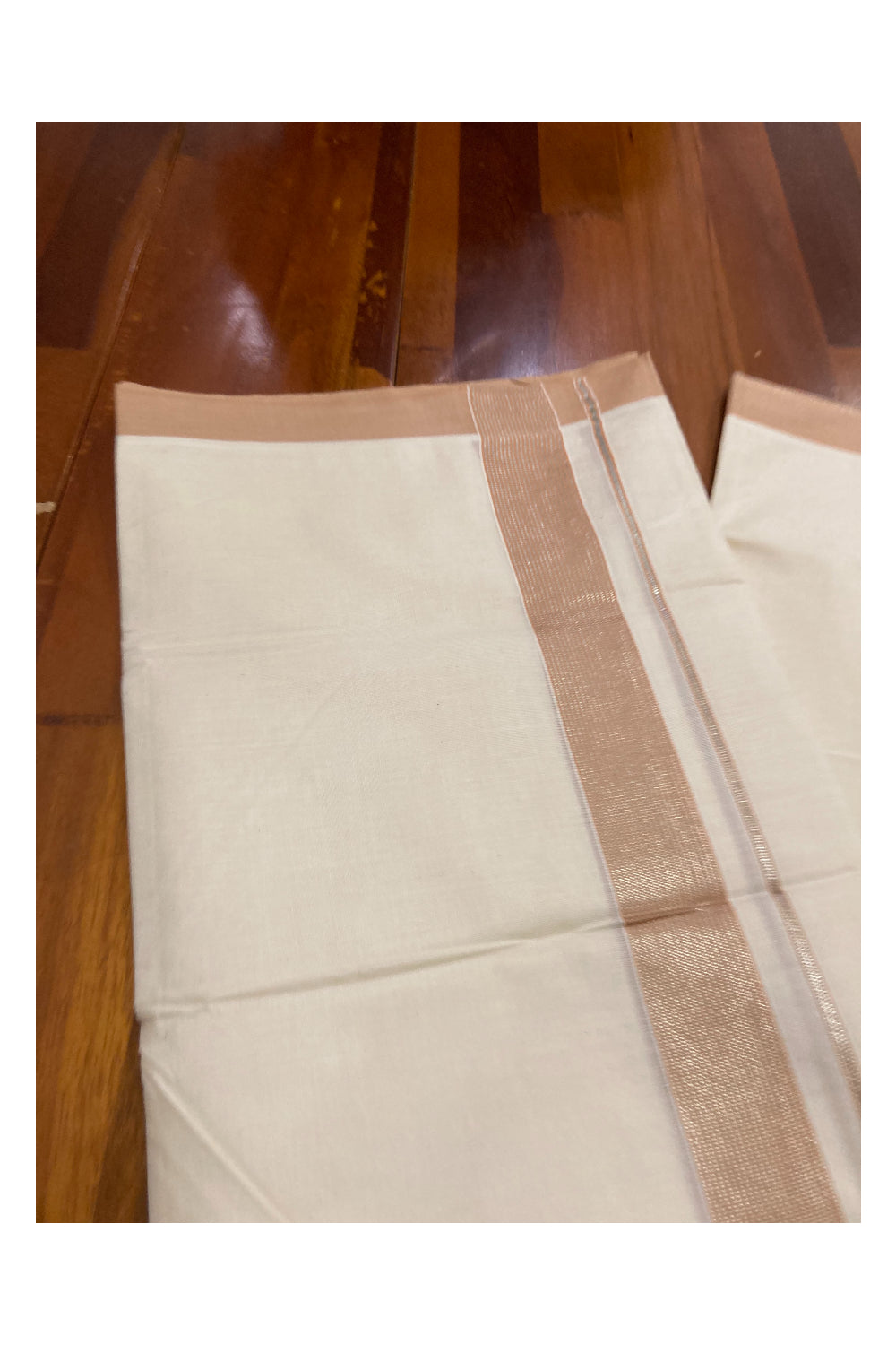 Off White Kerala Double Mundu with Silver Kasavu and Beige Line Border (South Indian Dhoti)