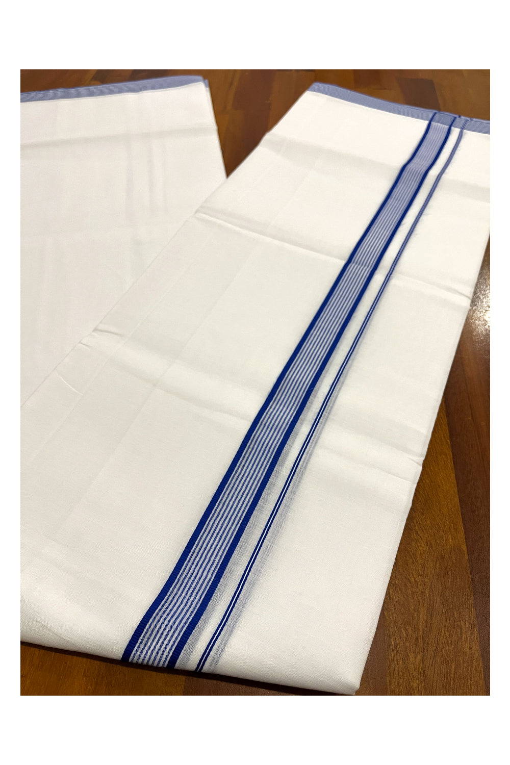 Pure White Cotton Double Mundu with Blue Lines Border (South Indian Dhoti)