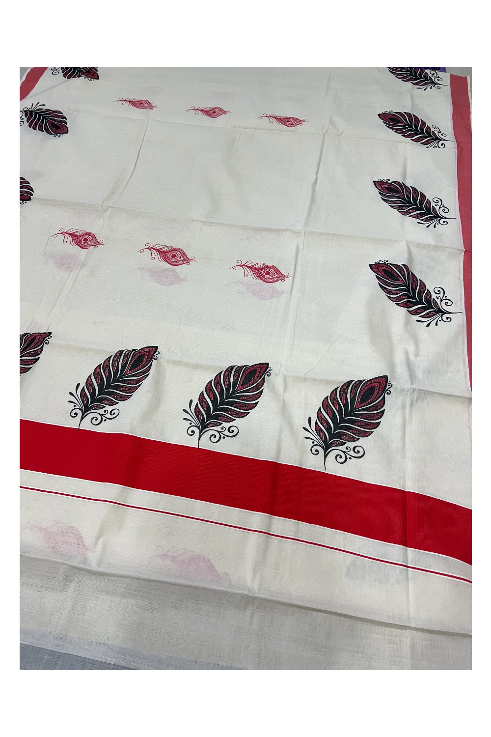 Pure Cotton Kerala Saree with Feather Block Printed Design and Orangish Red Border