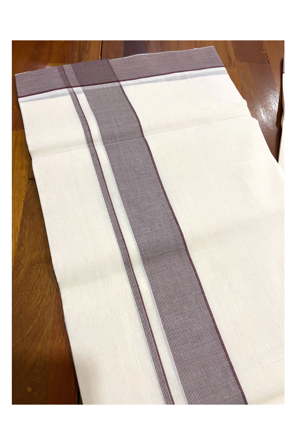 Southloom Premium Unakkupaavu Handloom Mundu with Brown Lines Border (South Indian Kerala Dhoti)