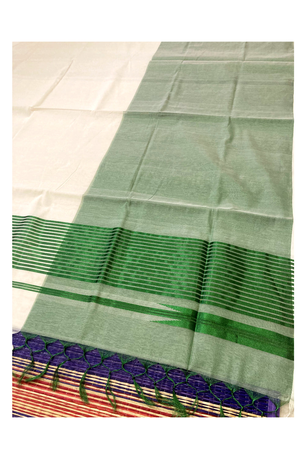 Southloom™ Premium Handloom Half & Half (Cotton / Tissue) Kerala Saree with Green Kasavu Pallu