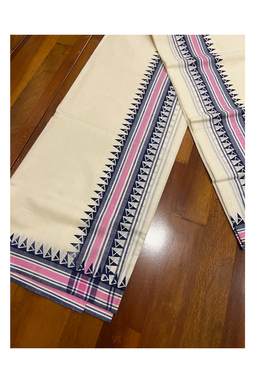 Kerala Cotton Mulloth Mundum Neriyathum Single (Set Mundu) with Dark Blue Temple Block Prints on Pink and Dark Blue Border (Extra Soft Cotton)