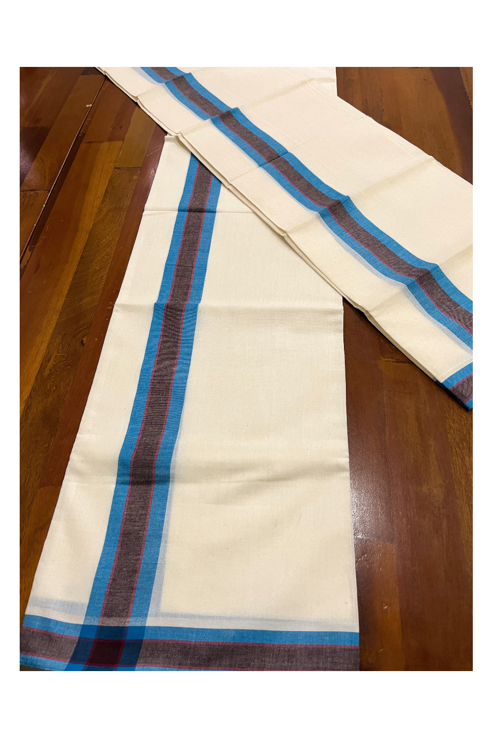 Kerala Cotton Mundum Neriyathum Single (Set Mundu) with Blue and Brown Mulloth Border (Extra Soft Cotton)