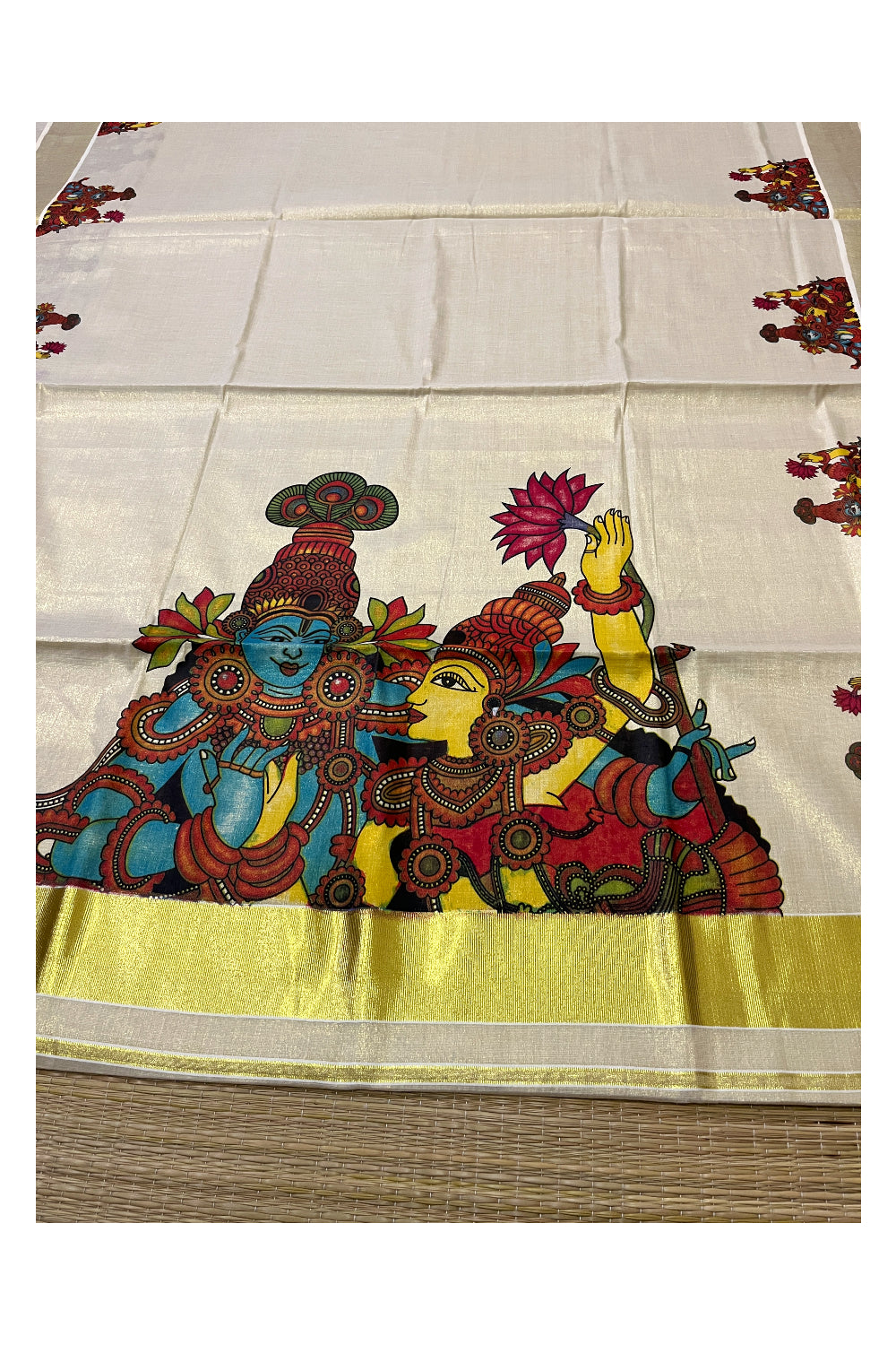 Kerala Tissue Kasavu Saree with Krishna Radha Mural Printed Design