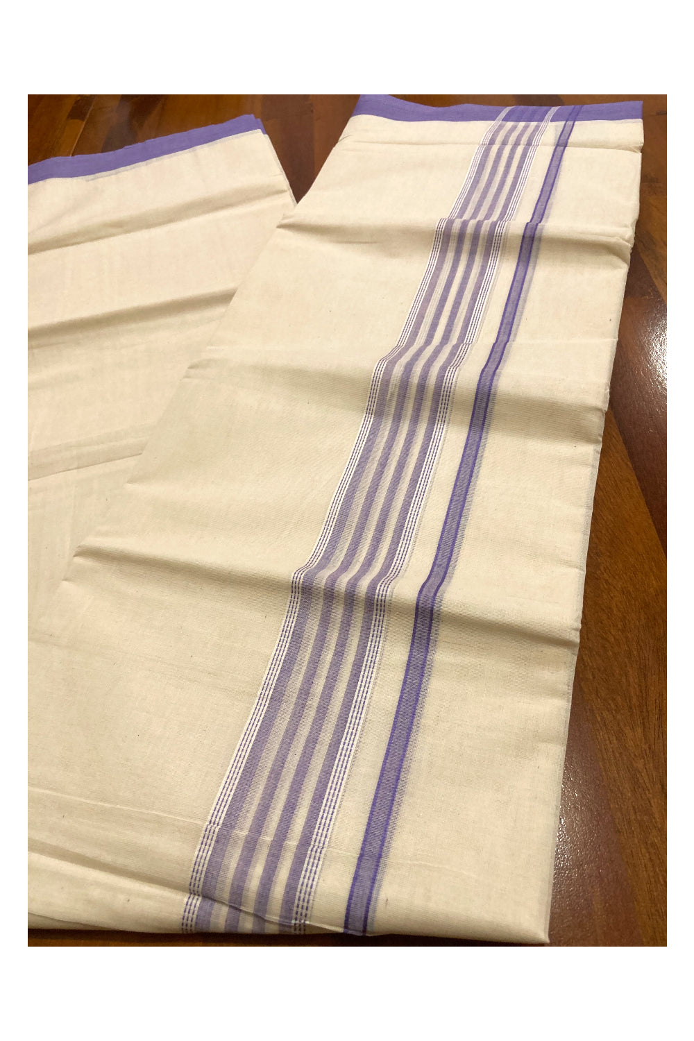 Off White Kerala Double Mundu with Violet Lines Border (South Indian Kerala Dhoti)