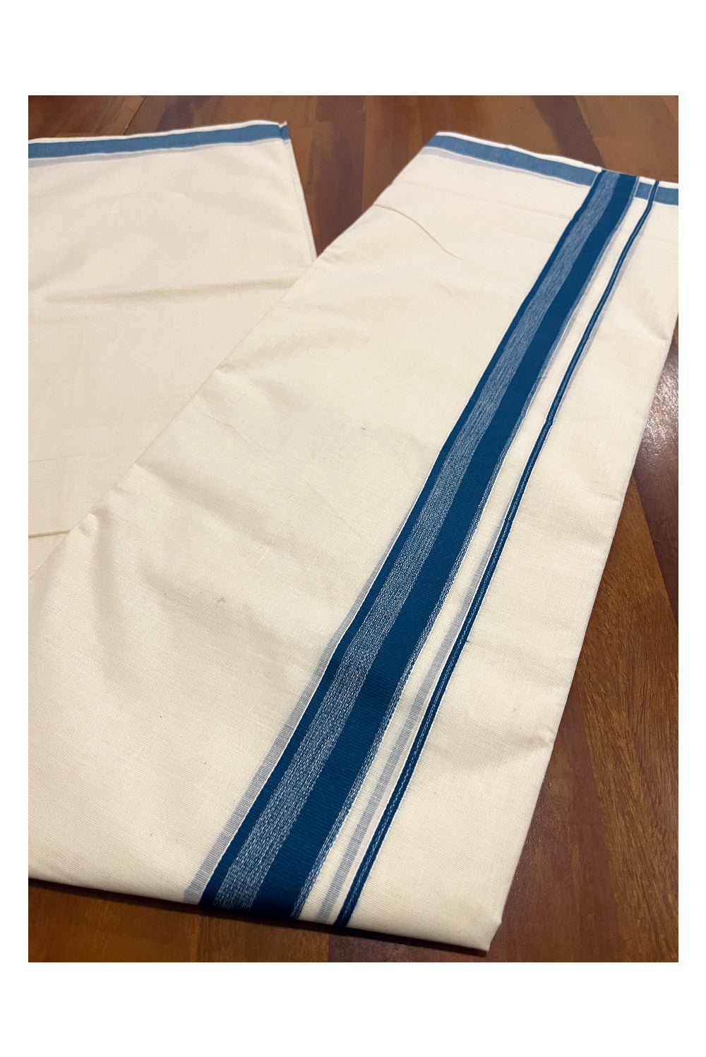 Pure Cotton Double Mundu with Blue Kara (South Indian Dhoti)