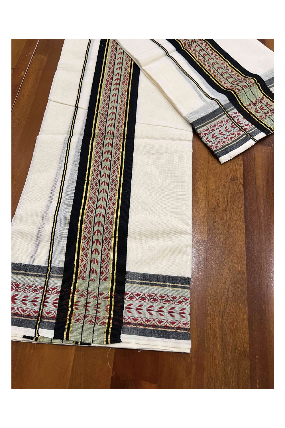 Kerala Cotton Set Mundu (Mundum Neriyathum) with Kasavu Black and Red Block Print Border