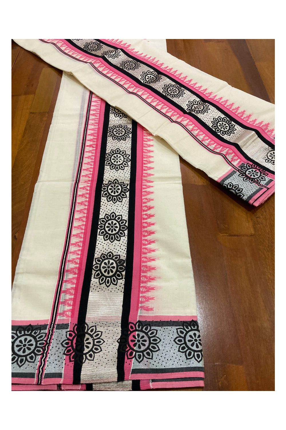 Cotton Silver Kasavu Set Mundu (Mundum Neriyathum) with Black and Pink Block Prints on Border 2.80 Mtrs