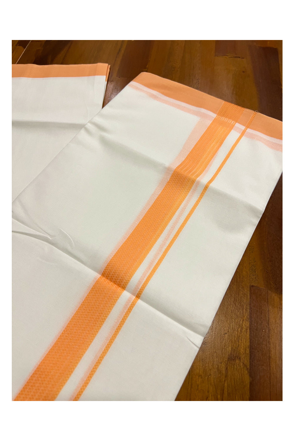 Pure White Cotton Double Mundu with Lines on Orange Border (South Indian Dhoti)