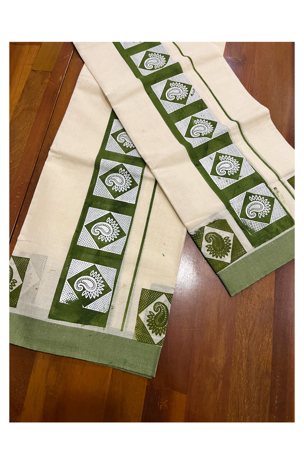 Kerala Cotton Set Mundu (Mundum Neriyathum) with White Block Prints on Green Border