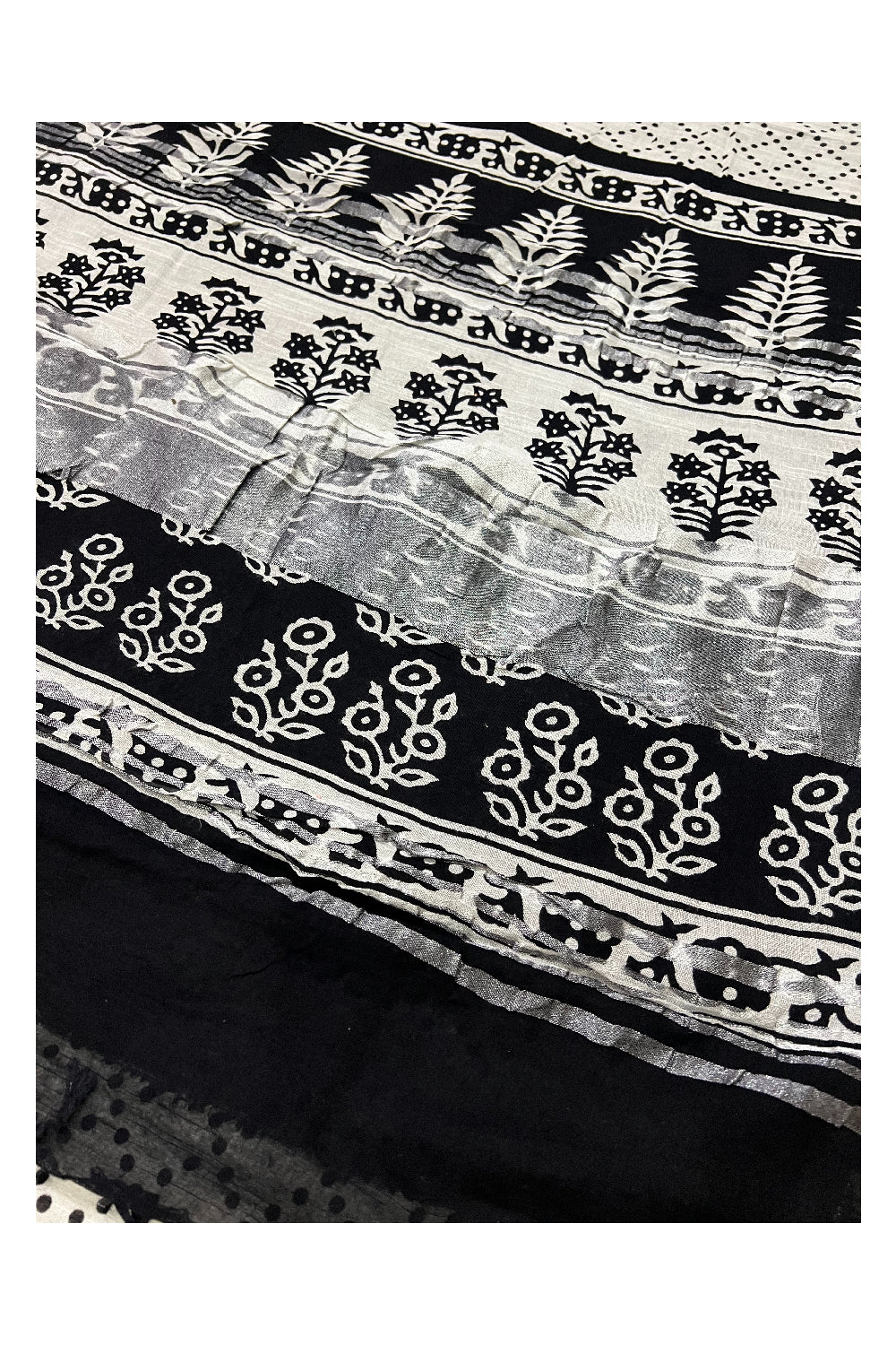 Southloom Linen White and Black Printed Designer Saree with Tassels on Pallu