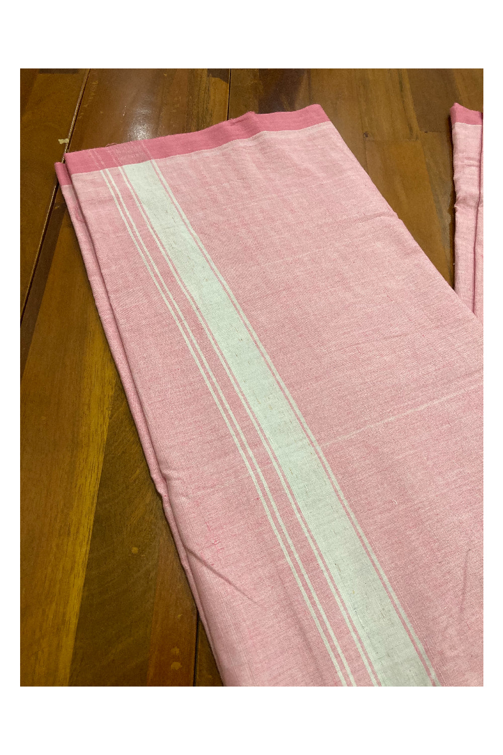 Southloom Premium Handloom Pink Solid Single Mundu (Lungi) with White Border