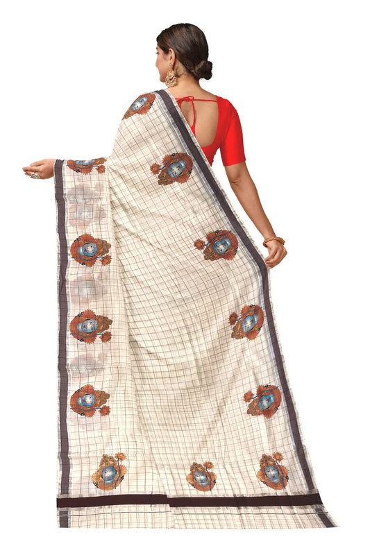 Pure Cotton Brown Check Design Kerala Saree with Krishna Mural Prints and Silver Border