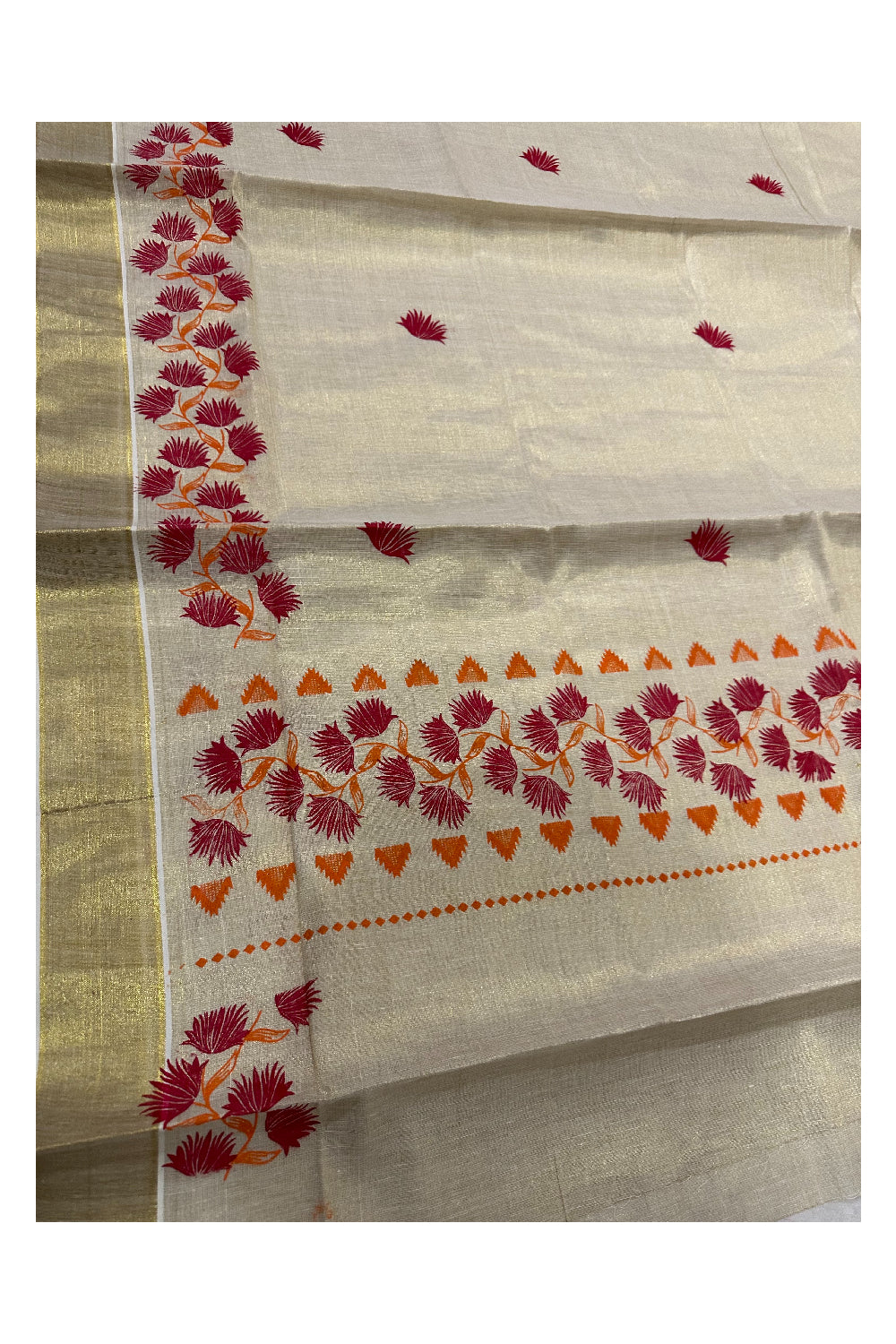 Kerala Tissue Kasavu Saree with Orange Red Floral Block Printed Design Border