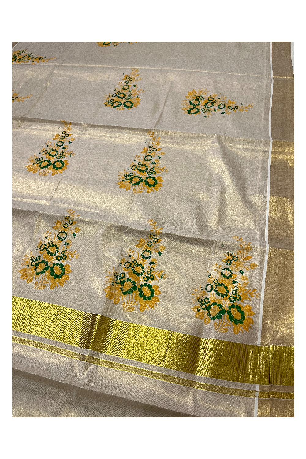 Kerala Tissue Kasavu Saree with Green Floral Block Printed Design