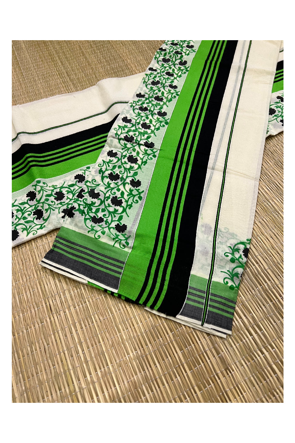 Kerala Cotton Set Mundu (Mundum Neriyathum) with Black Light Green Floral Block Prints on Border
