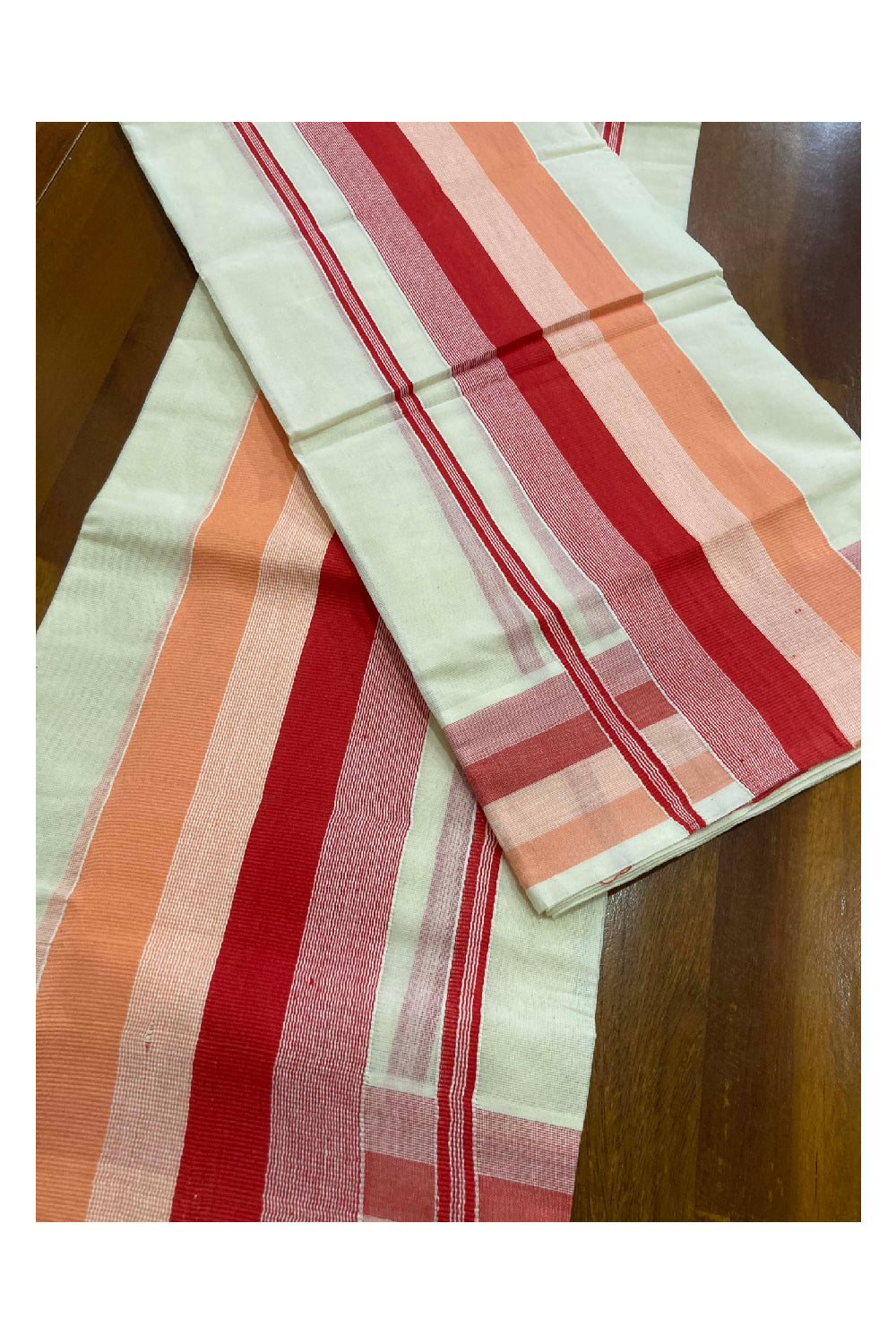 Kerala Cotton Mundum Neriyathum Single (Set Mundu) with Peach and Pink Lines Border 2.80 Mtrs