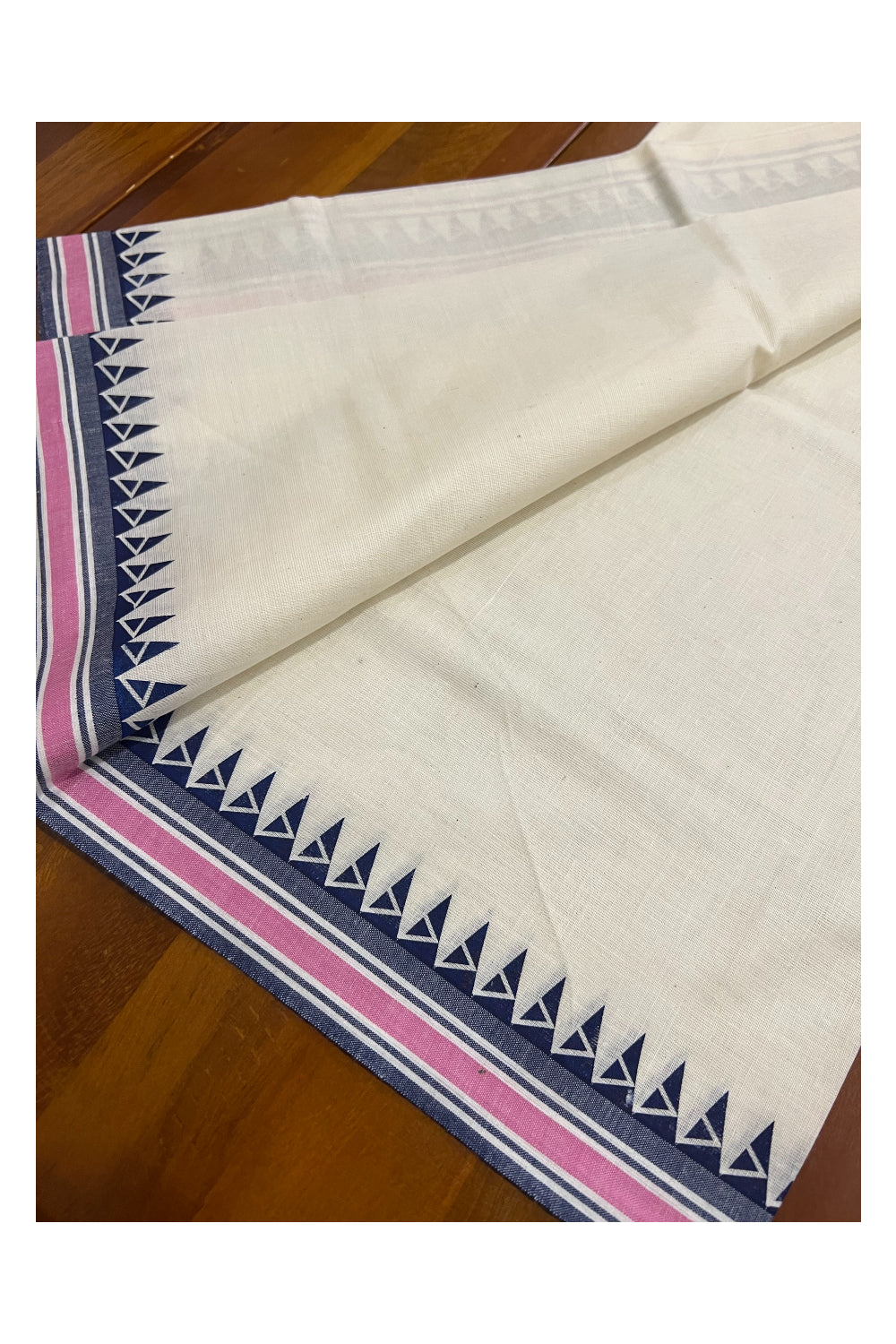 Kerala Cotton Mulloth Mundum Neriyathum Single (Set Mundu) with Dark Blue Temple Block Prints on Pink and Dark Blue Border (Extra Soft Cotton)