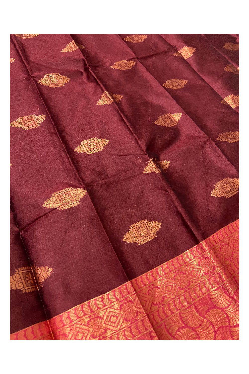 Southloom Maroon Semi Silk Designer Saree with Copper Kasavu Woven Works on Body