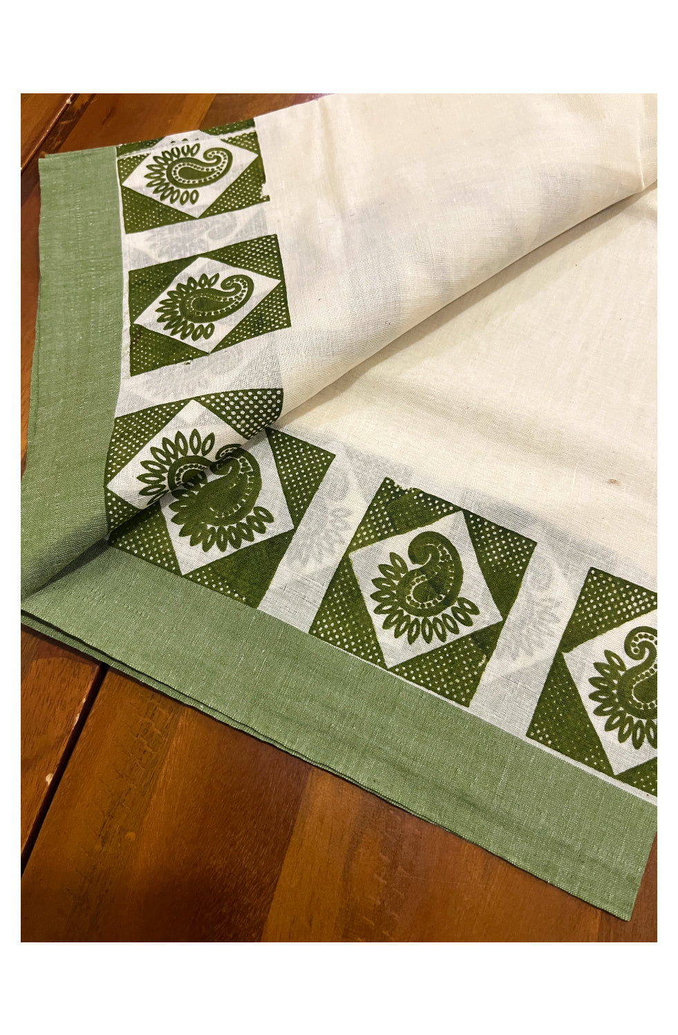 Kerala Cotton Set Mundu (Mundum Neriyathum) with White Block Prints on Green Border