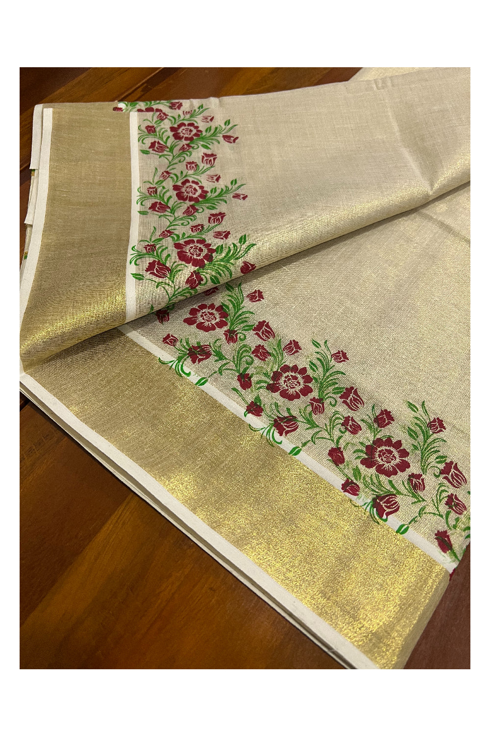 Kerala Tissue Kasavu Set Mundu (Mundum Neriyathum) with Light Green Red Floral Block Prints on Border