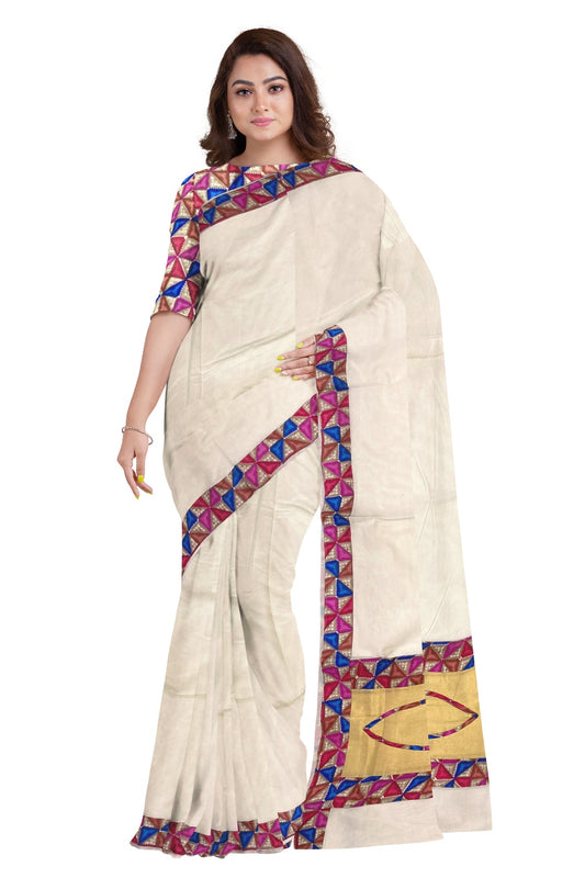 Southloom Kerala Pure Cotton Fusion Art Border Saree with Red Pink Blue Border