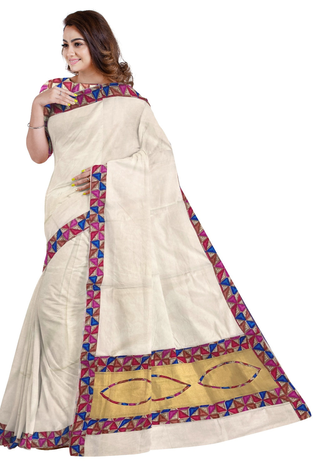 Southloom Kerala Pure Cotton Fusion Art Border Saree with Red Pink Blue Border