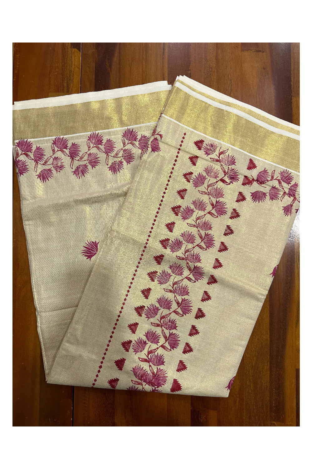 Kerala Tissue Kasavu Saree with Maroon Floral Block Printed Design Border