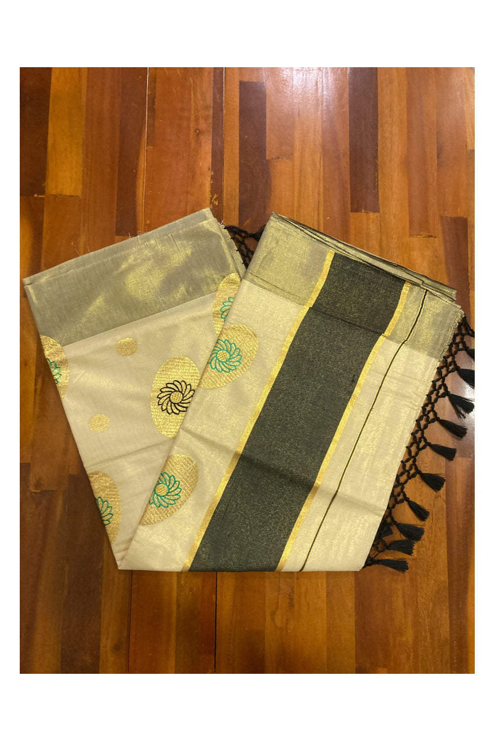 Kerala Tissue Kasavu Saree with Embroidery Works and Black Border