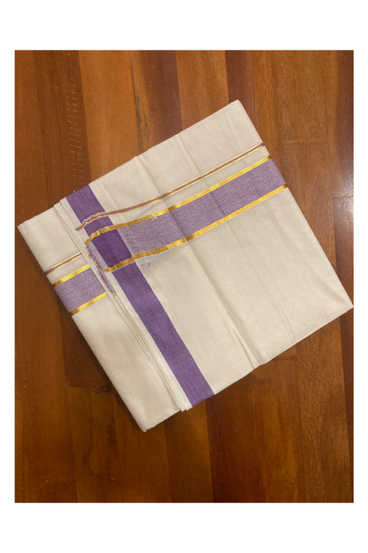 Pure Cotton Double Mundu with Violet and Kasavu Border (South Indian Dhoti)