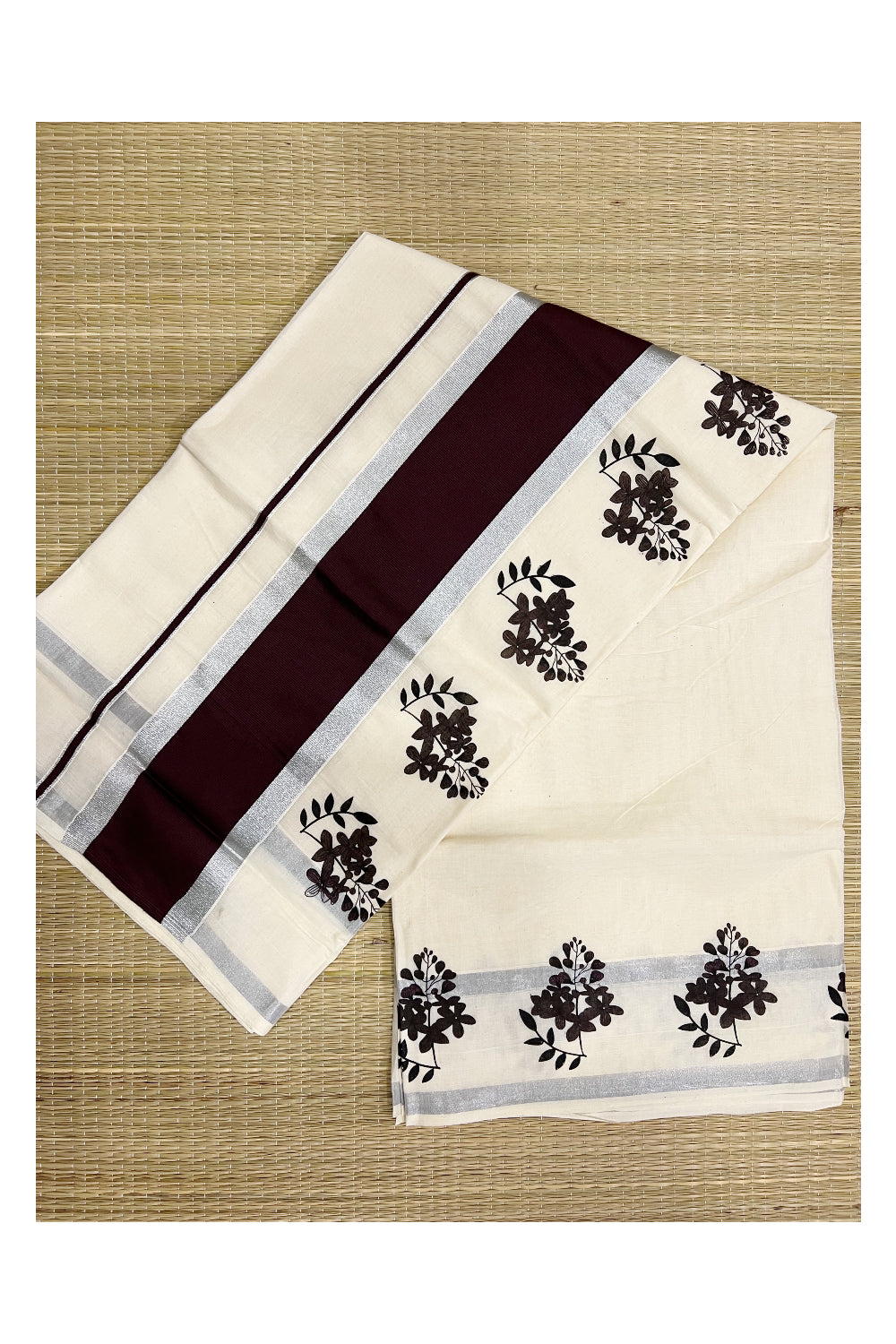 Pure Cotton Kerala Silver Kasavu Saree with Black Floral Block Printed Border