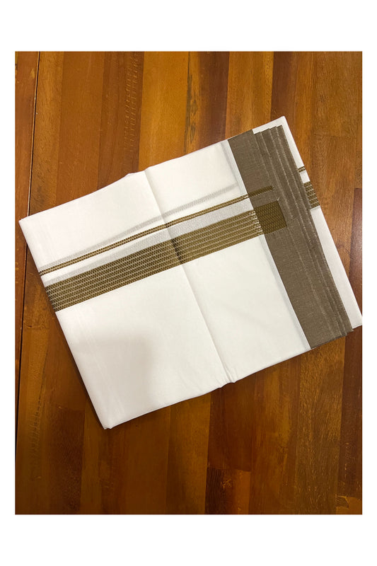 Pure White Cotton Double Mundu with Lines on Brownish Green Border (South Indian Dhoti)