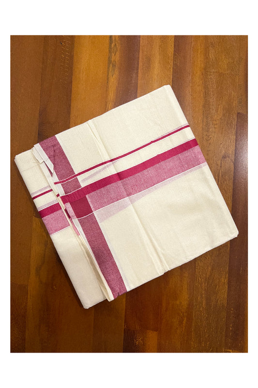 Off White Pure Cotton Double Mundu with Dark Red Shaded Kara (South Indian Dhoti)