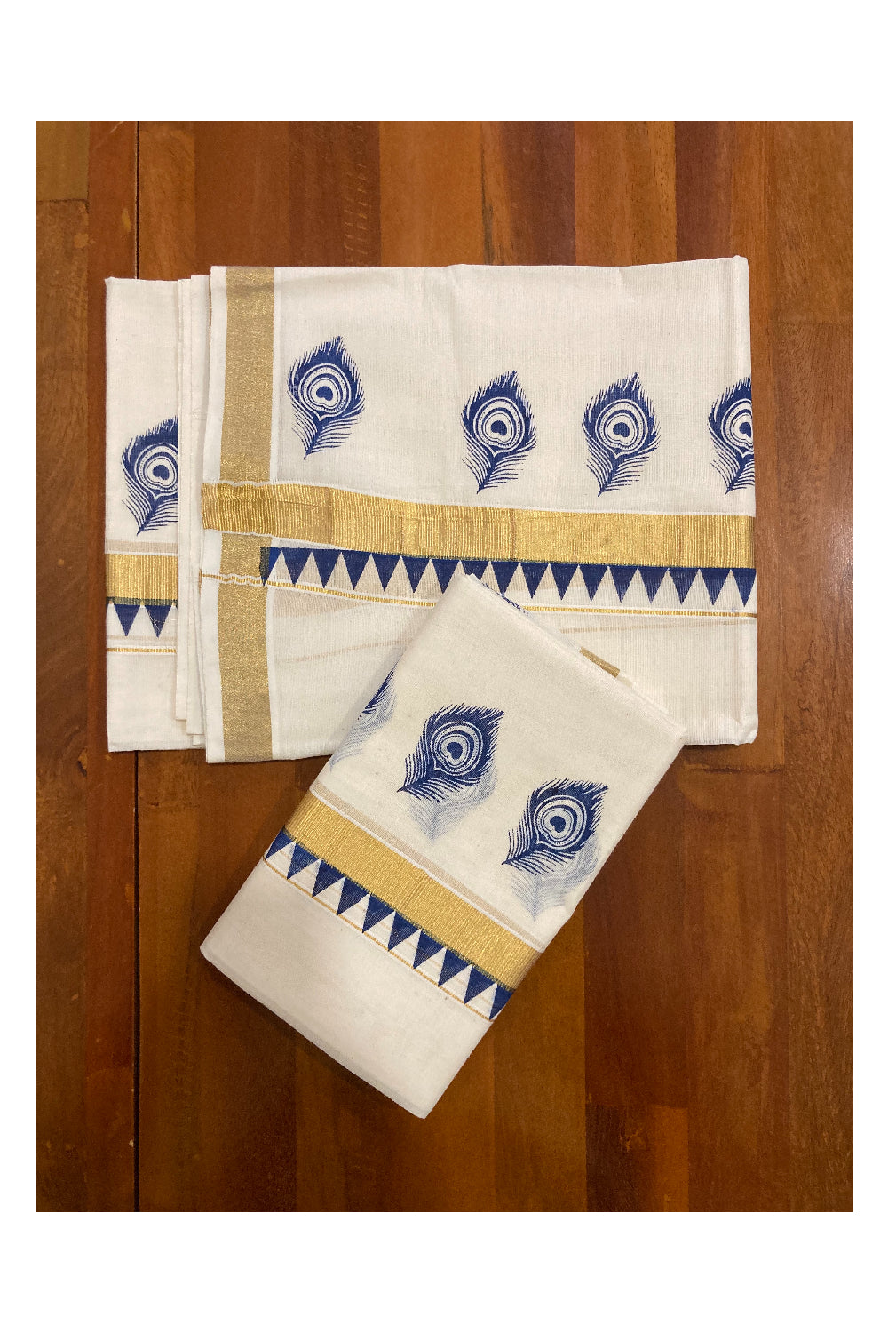 Kerala Cotton Kasavu Set Mundu (Mundum Neriyathum) with Blue Feather and Temple Block Prints on Border